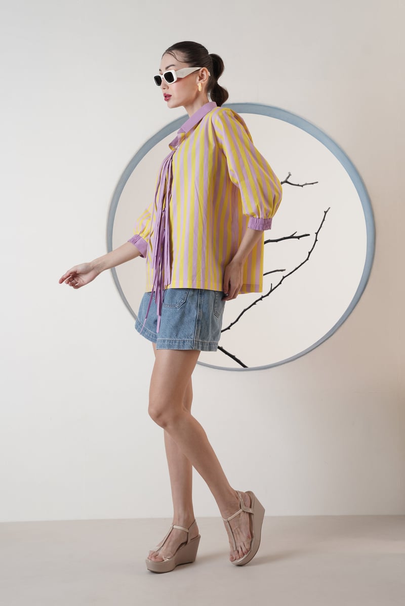 Yellow and Lilac Striped Twist and Tie Shirt