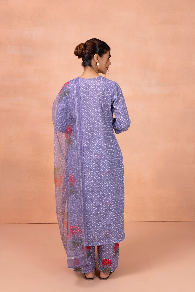 Purple Printed Cotton Kurta Set with Dupatta