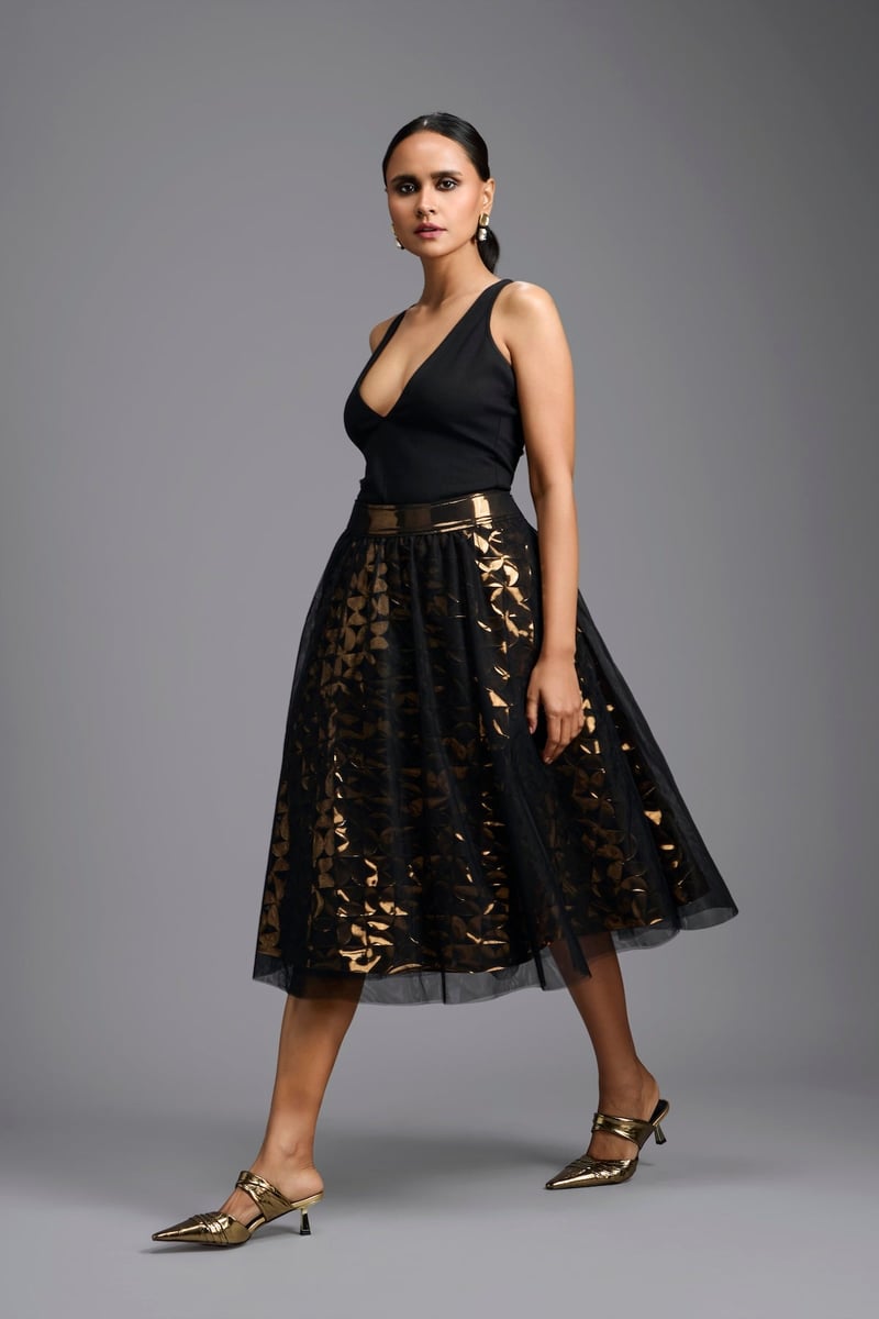 Black and Gold Metallic Cutwork Midi Skirt