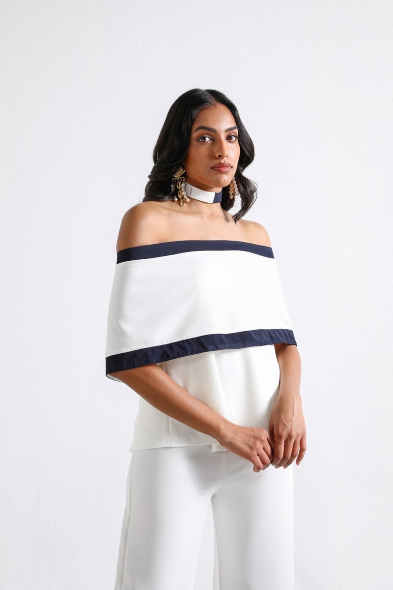 White and Navy Off-Shoulder Co-ord Set with Bootcut Pants