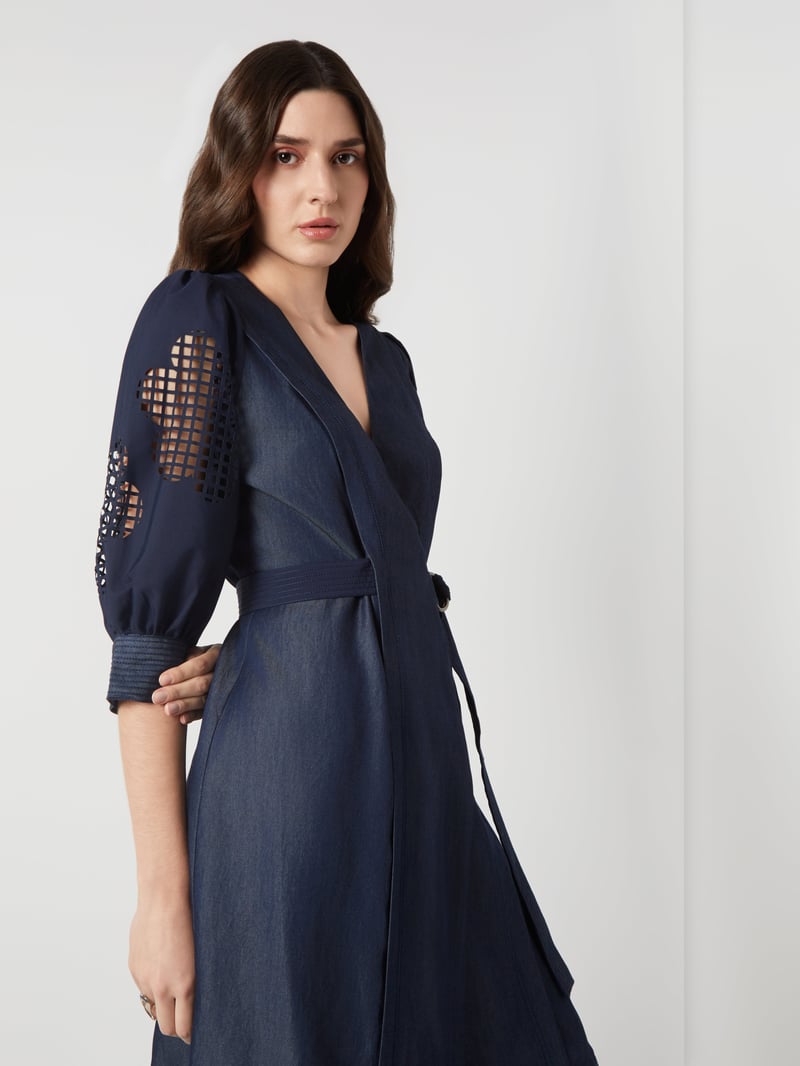 Navy Tencel Denim Wrap Dress with Cutwork Sleeves