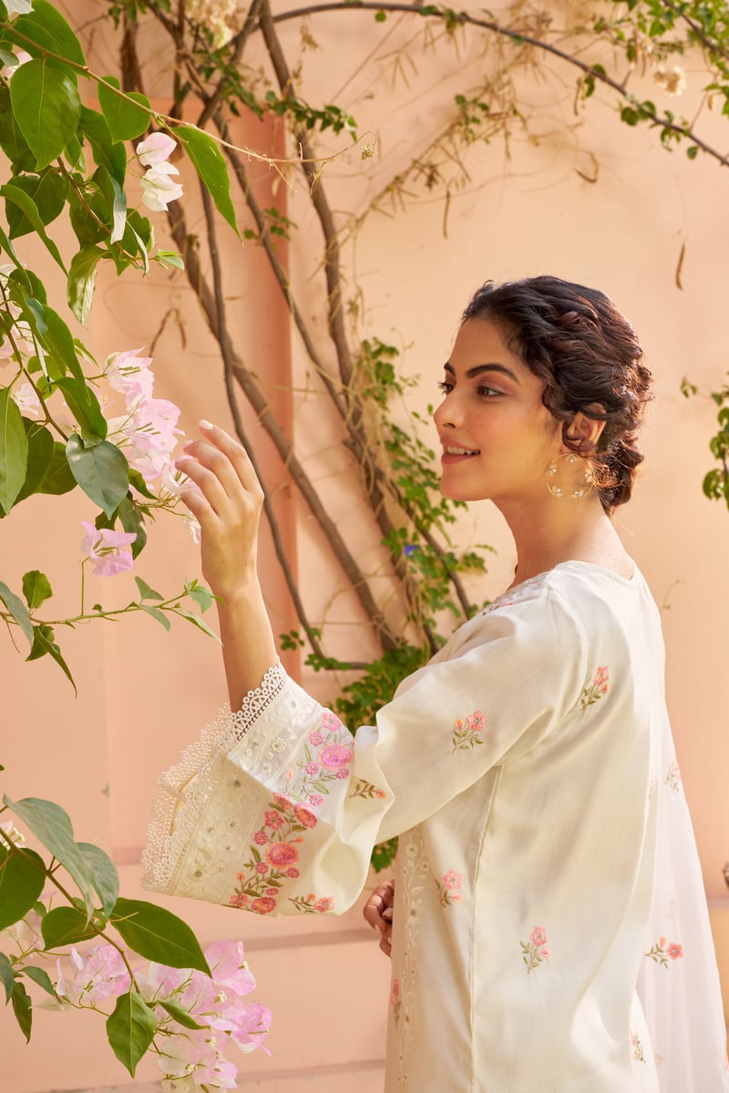 Ivory Pink Embroidered Chanderi Straight Suit Set