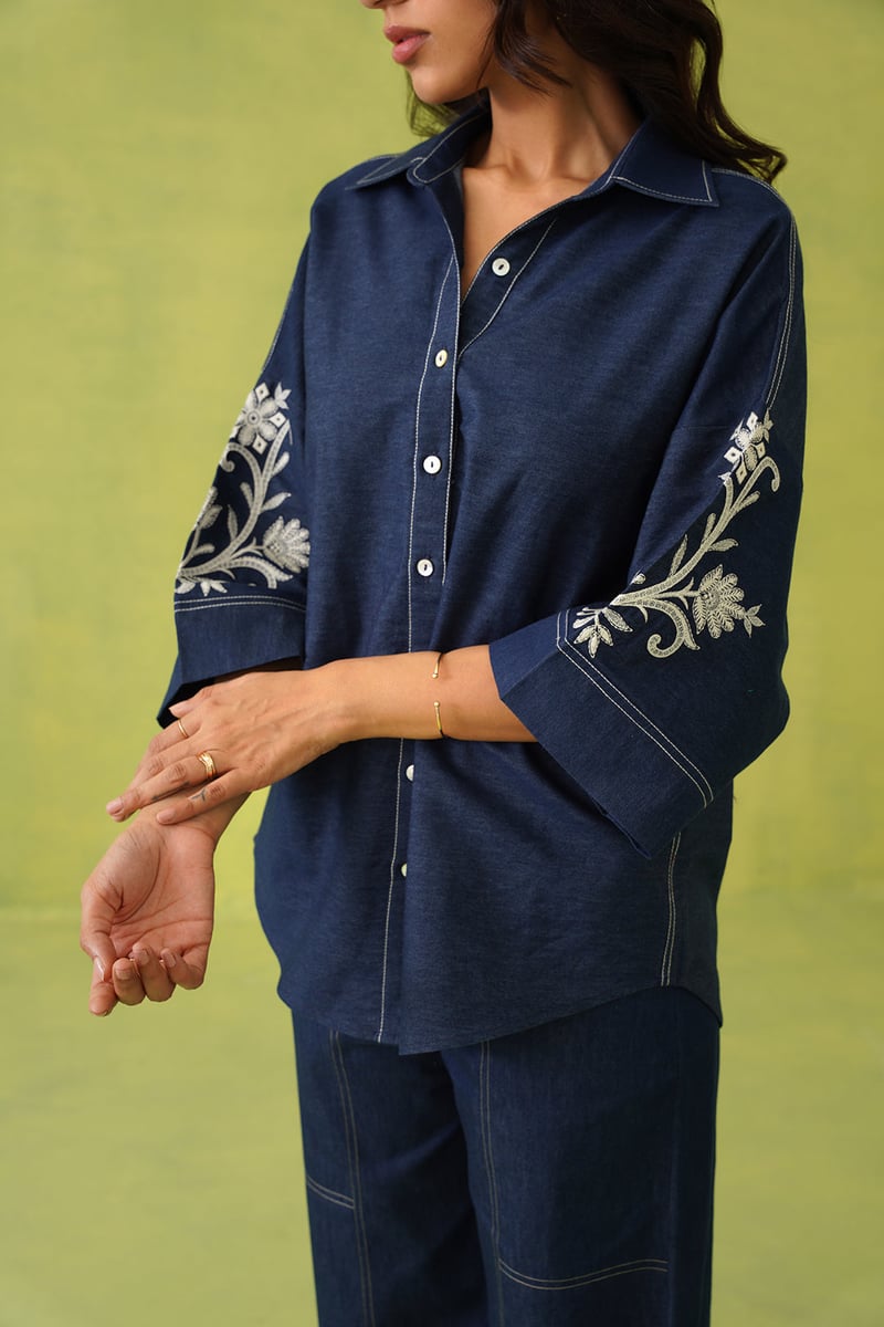 Denim Blue Embroidered Shirt and Wide-Leg Co-ord Set
