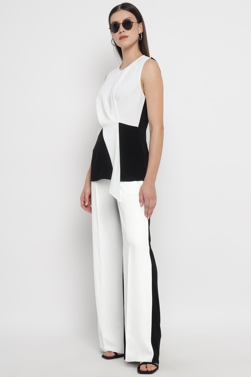 White/Black High-Rise Wide-Leg Colorblock Trousers
