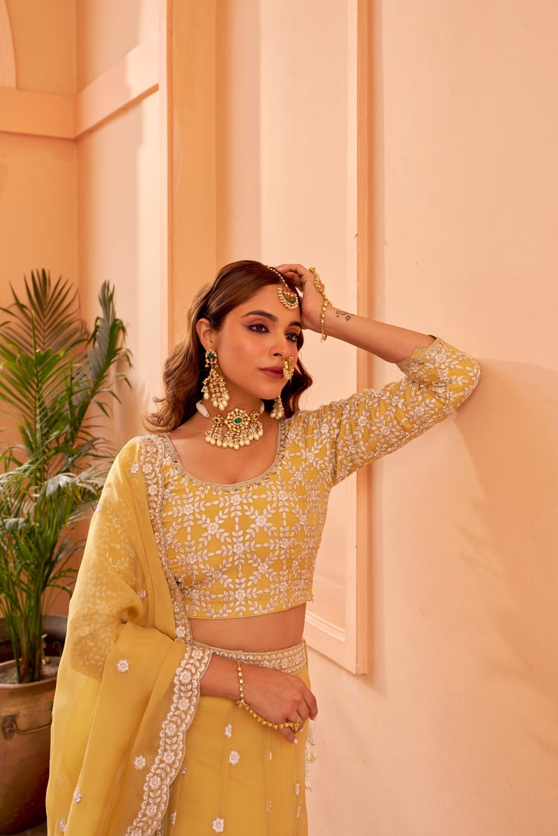 Yellow Organza Embroidered Lehenga Set with Dupatta