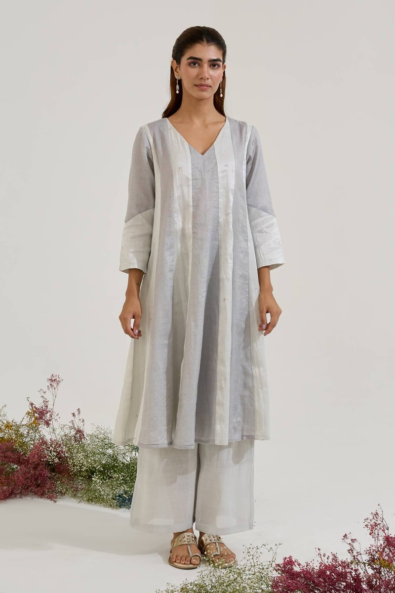 Silver Panelled Anarkali Kurta Set with Wide-Leg Pants