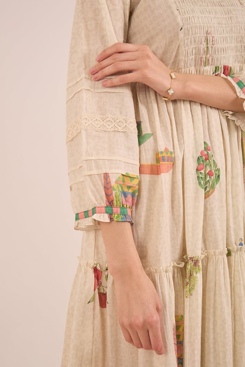 Cream Cotton Scenic Print Tiered Midi Dress