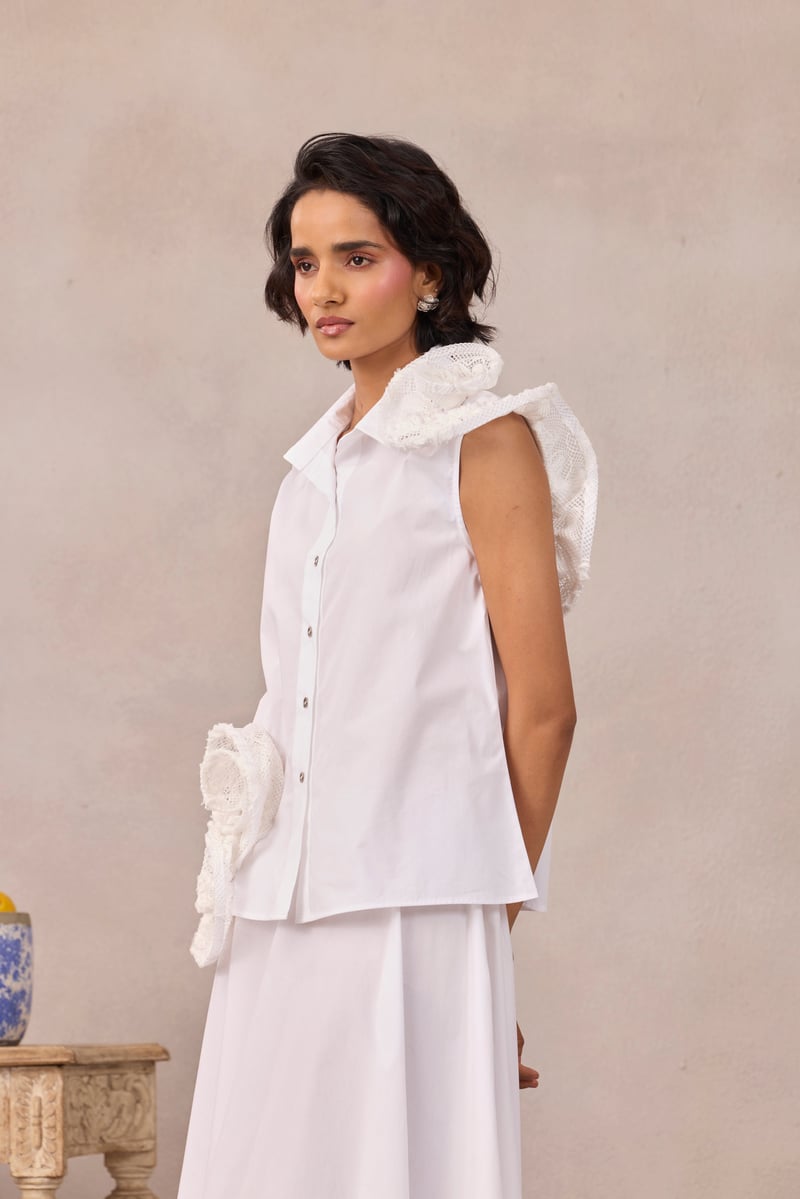 Bright White Sleeveless Shirt with 3D Rosette Detail