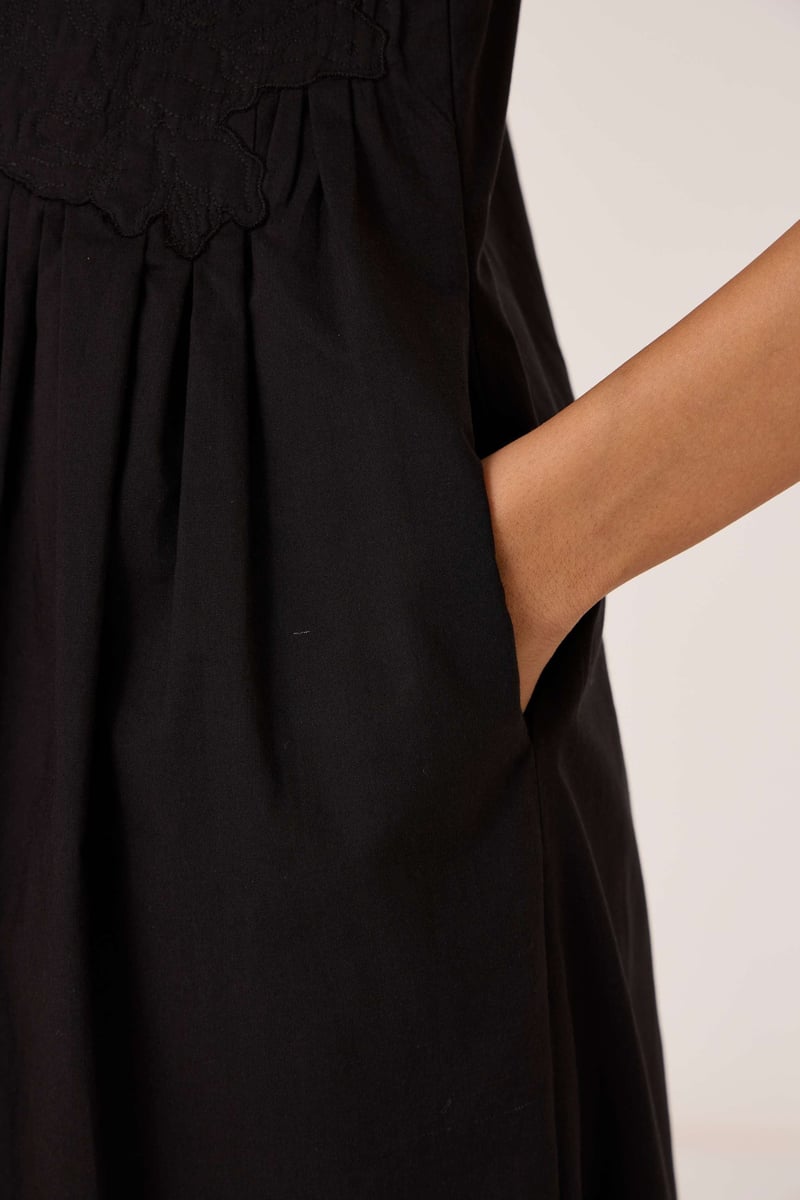 Black Pintuck Bodice Embroidered Maxi Dress