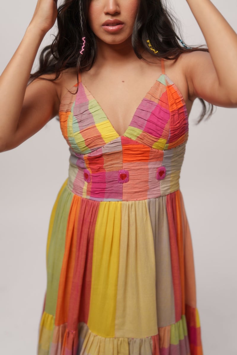 Multicolor Colorblocked Tiered Maxi Dress with Embroidery