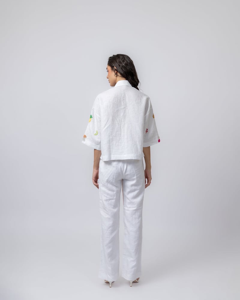 White Linen Straight-Leg Trousers with Beaded Stripes