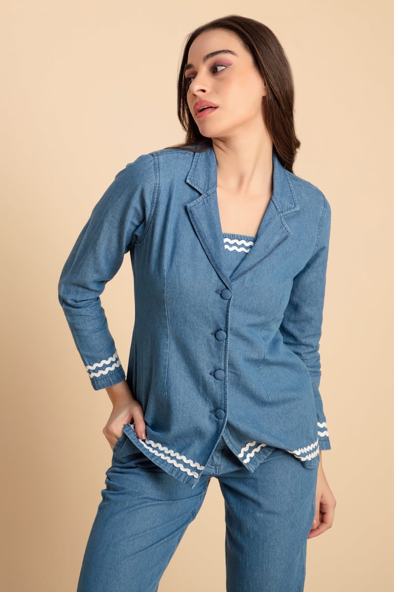 Blue Denim 3-Piece Co-ord Set with Bustier and Jacket