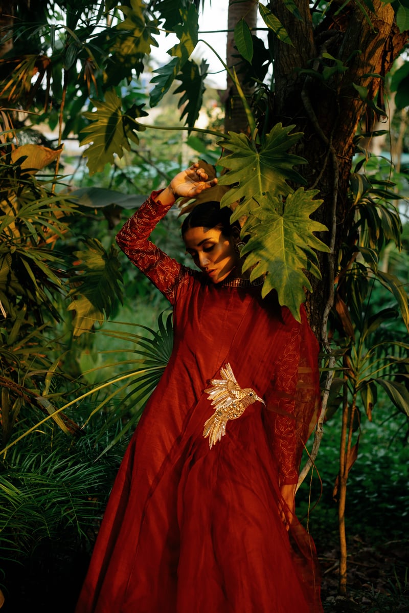 Maroon Kali Kurta Set With Embroidered Sleeves