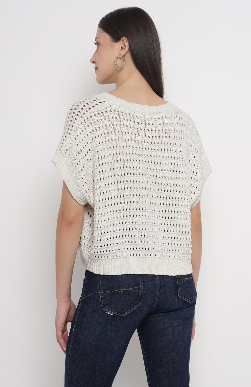 Off-White Openwork Knit Cropped Cardigan with Gold Buttons