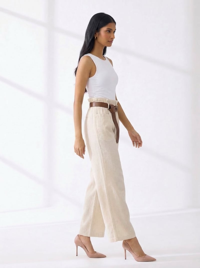Beige High-Rise Wide-Leg Trousers with Belt