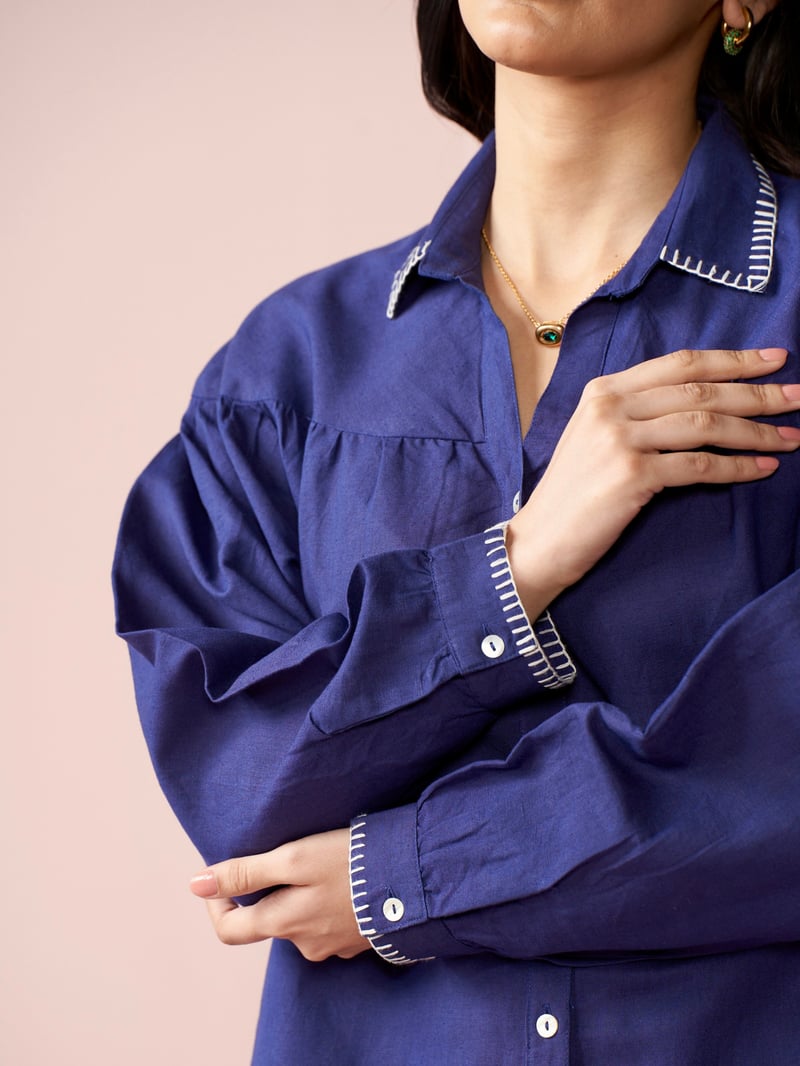 Navy Blue Linen Blend Co-ord Set with Blanket Stitch Trim