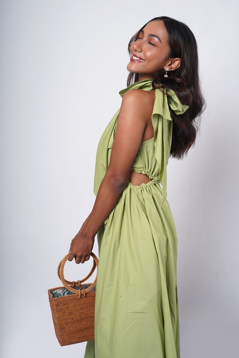 Green Halter Tie-Up Cutout Midi Dress
