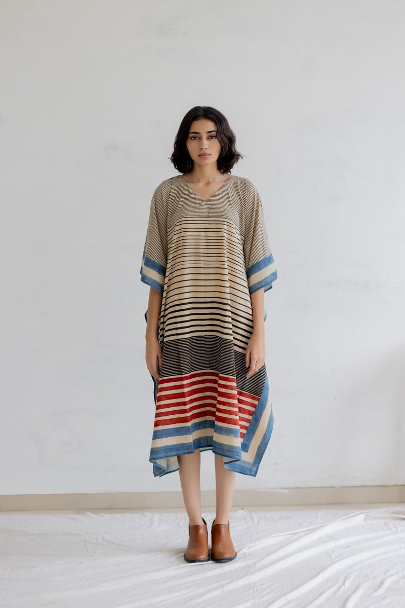 Multicolor Striped Cotton Kaftan Dress with V-Neck