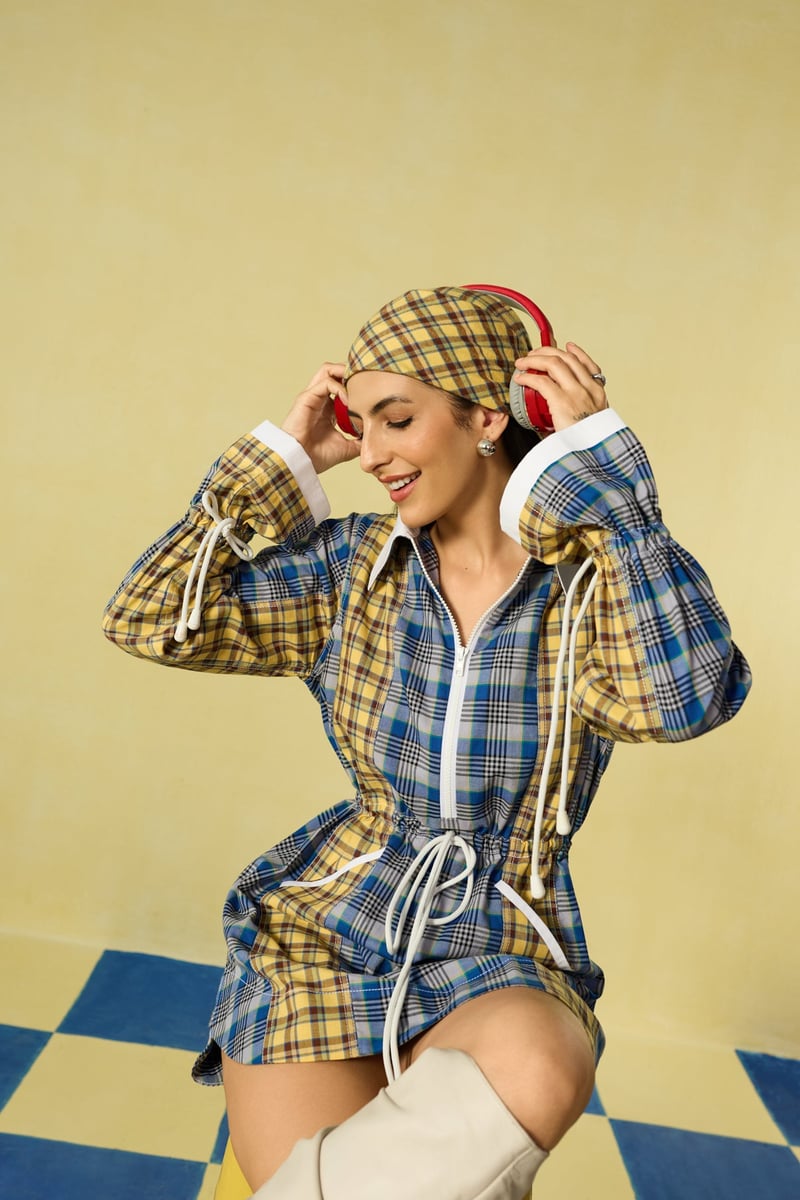 Yellow and Blue Checked Mini Shirt Dress with Half Zip