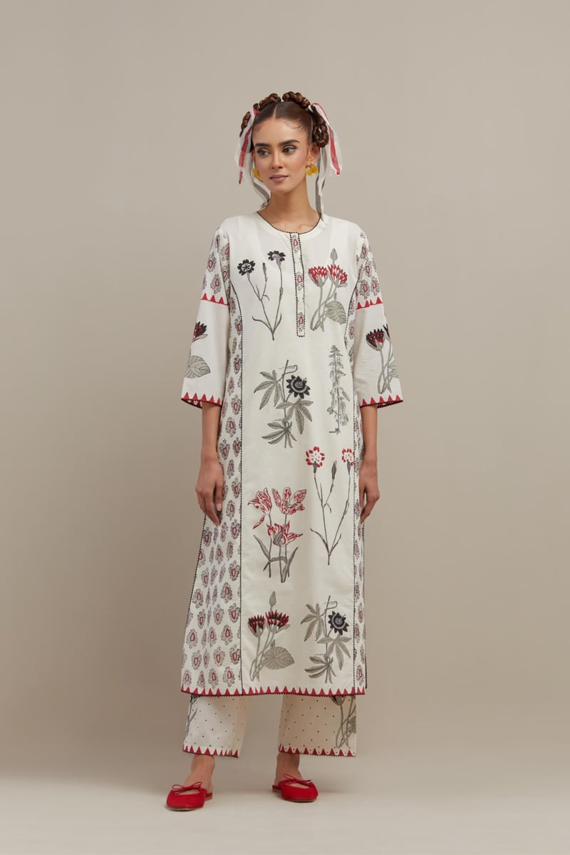 Off White Hand-Block Printed Kurta Set