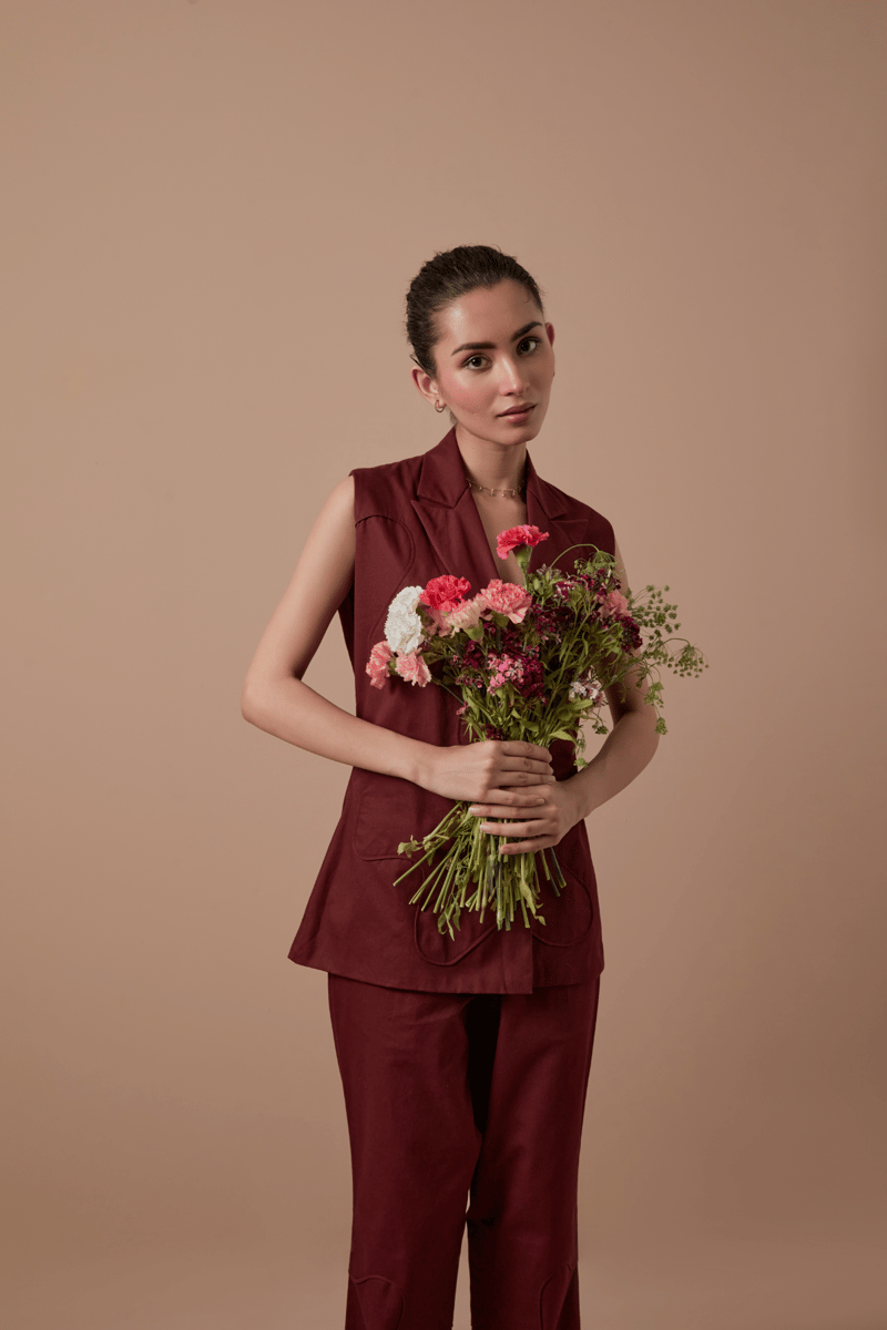 Merlot Sleeveless Double-Breasted Tailored Blazer