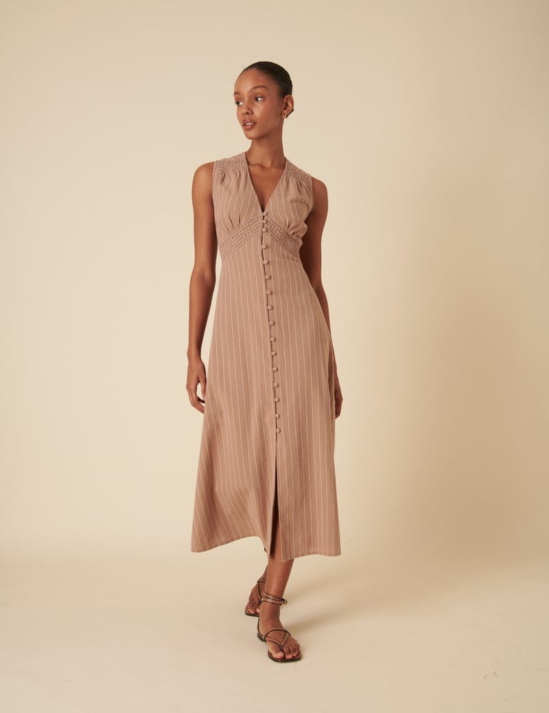 Stone Pinstripe Button-Front Midi Dress