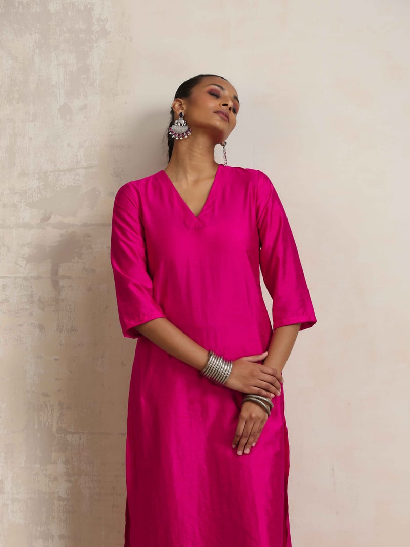 Pink Silk Blend High Slit Kurta Set