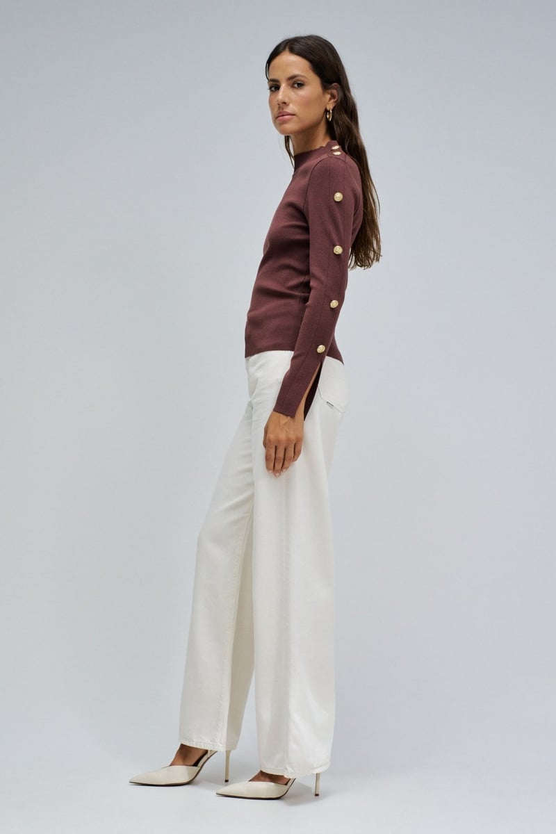 Medium Brown Rib-Knit High Neck Sweater with Button Detail