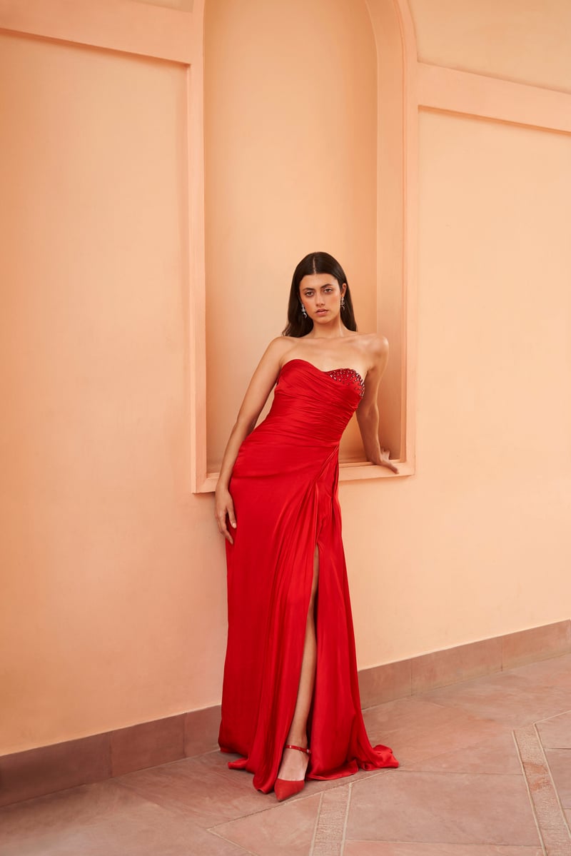 Red Satin Sweetheart Neck Maxi Gown with Crystal Bust Detail