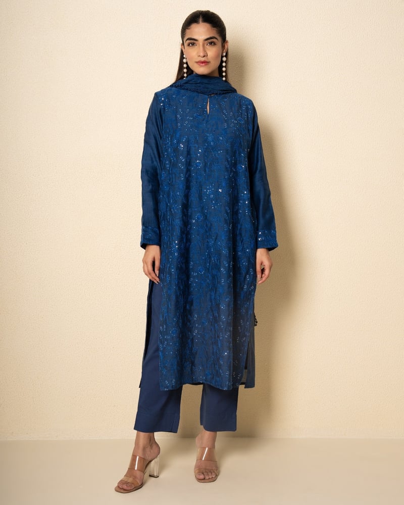 Cobalt Bloom Chanderi Blue Floral Embroidered Suit Set (Set Of 3)