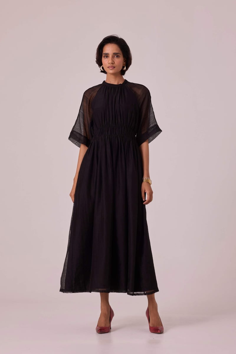 Black Handwoven Chanderi Maxi Dress with Ruched Waist