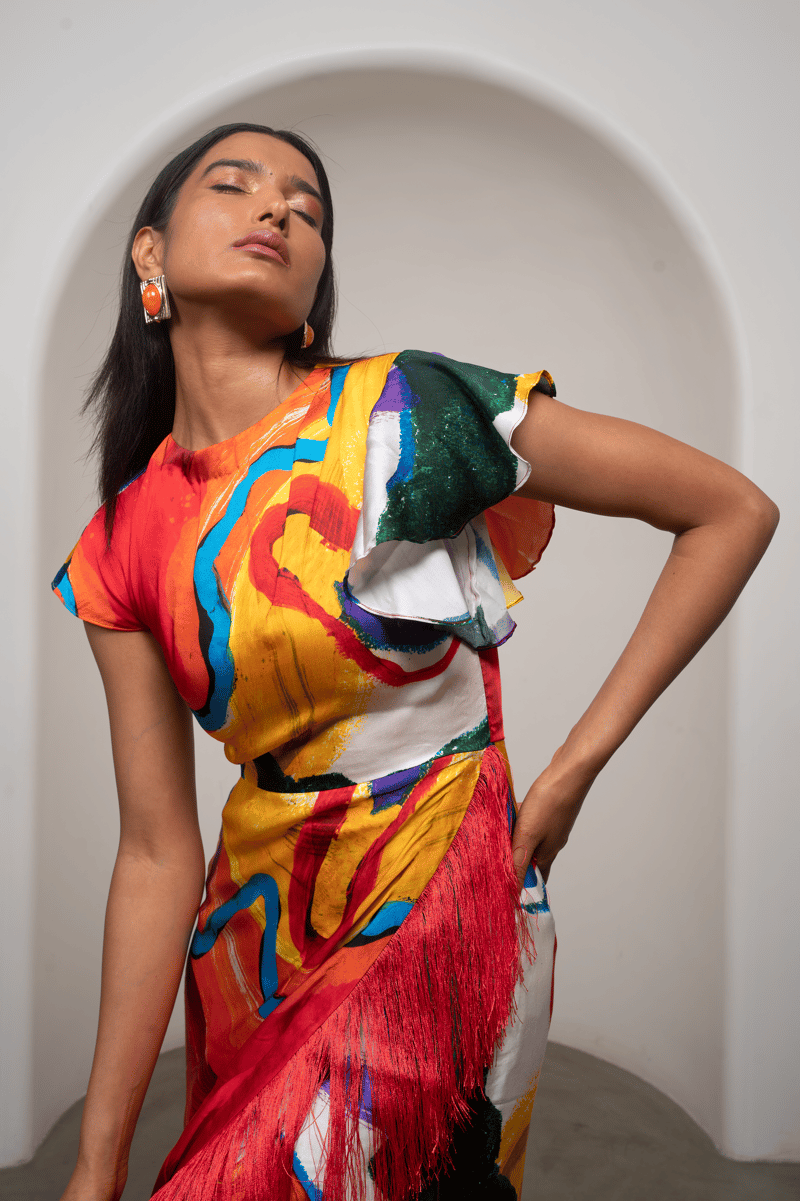 Multicolor Abstract Print Satin Fringe Midi Dress