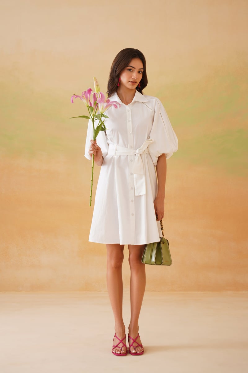 White Belted Shirt Dress with Balloon Sleeves
