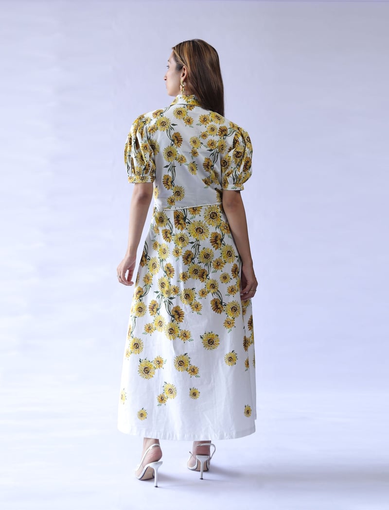 White Sunflower Print Poplin Shirt Dress with Tie Belt