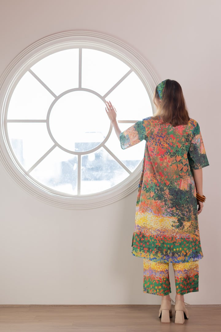 Multicolor Scenic Print Cotton Cambric Kurta Set