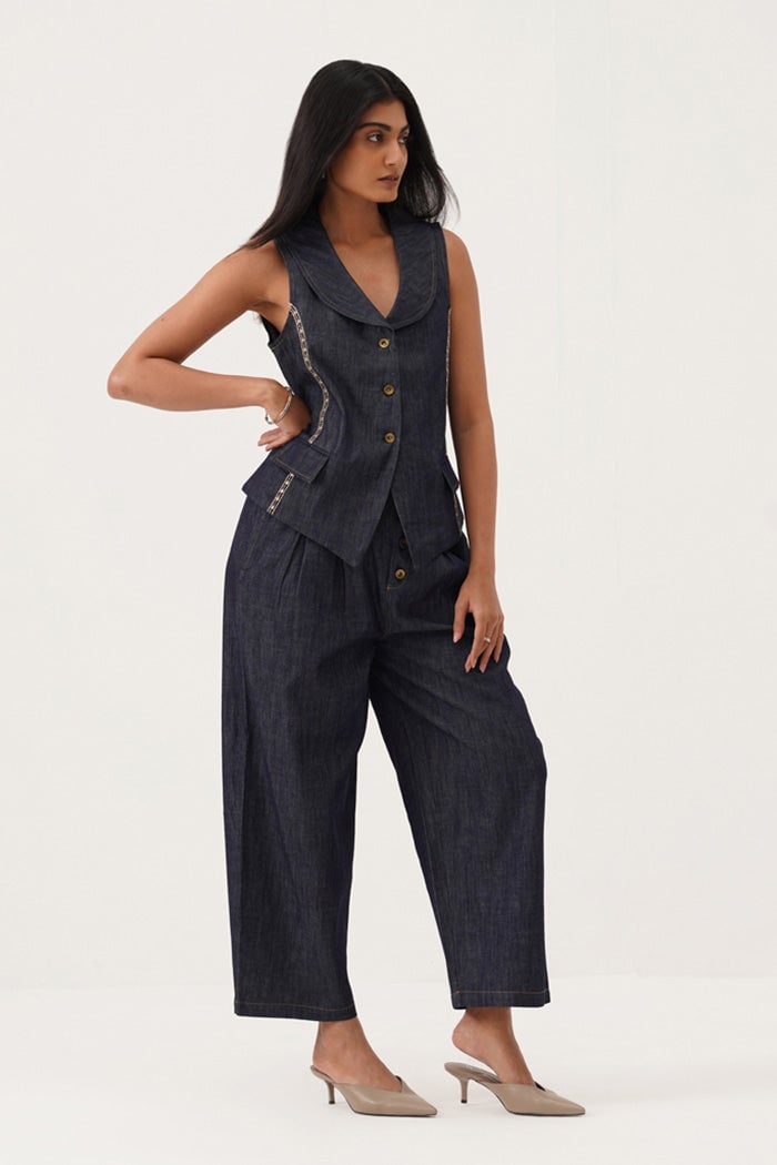 Denim Blue Waistcoat and High-Waist Pants Co-ord Set