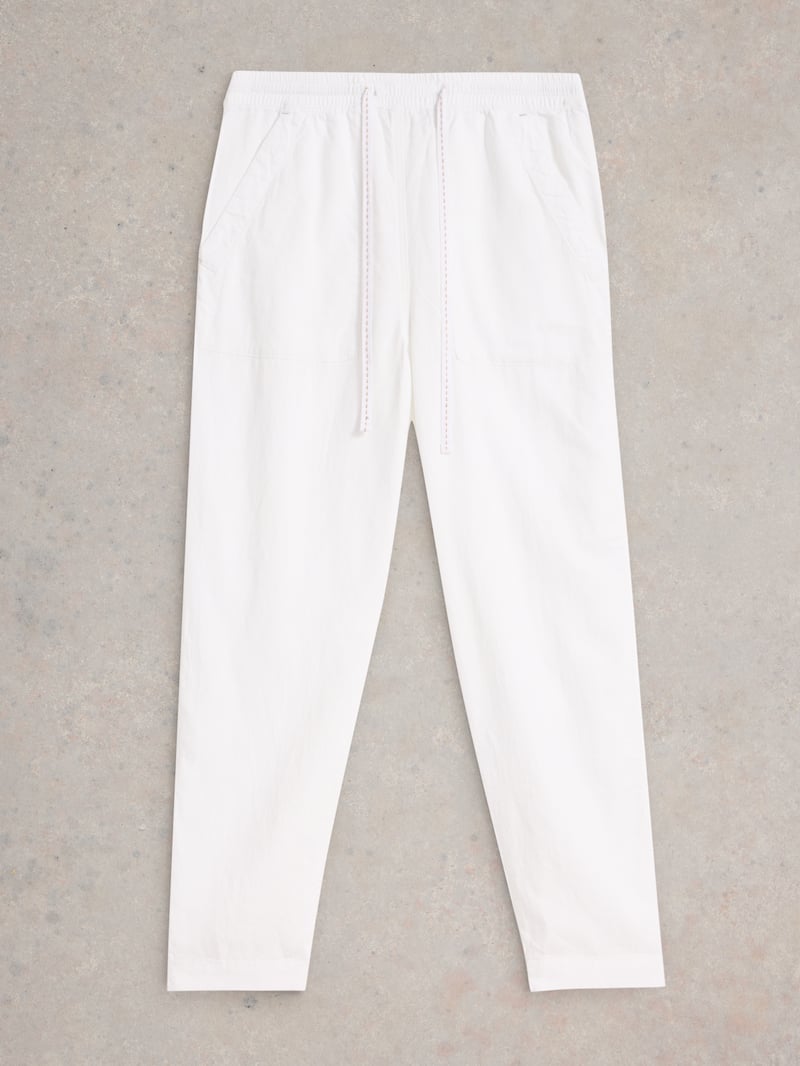 Brilliant White Linen-Blend Drawstring Straight-Leg Trousers