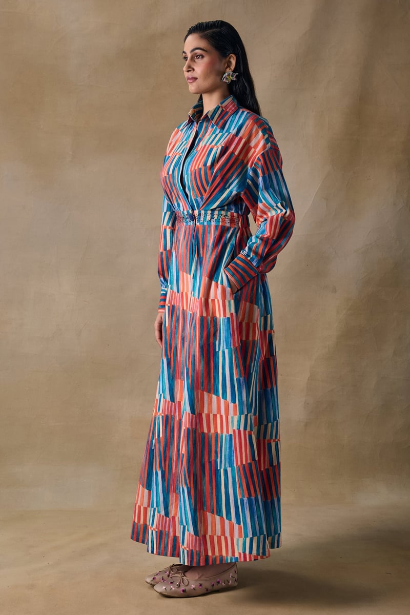 Asilah Stripe Maxi Faux Wrap Dress with Embellished Waist