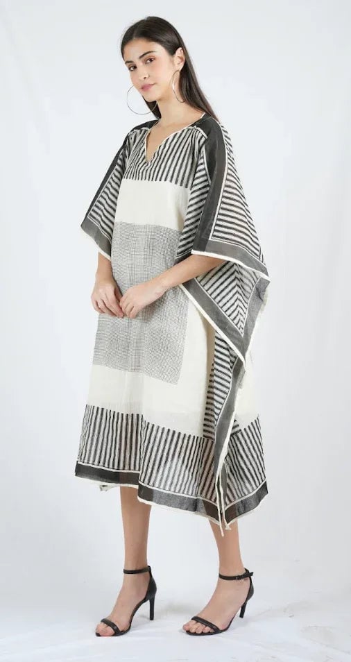Black and White Striped Kaftan with V-Neck