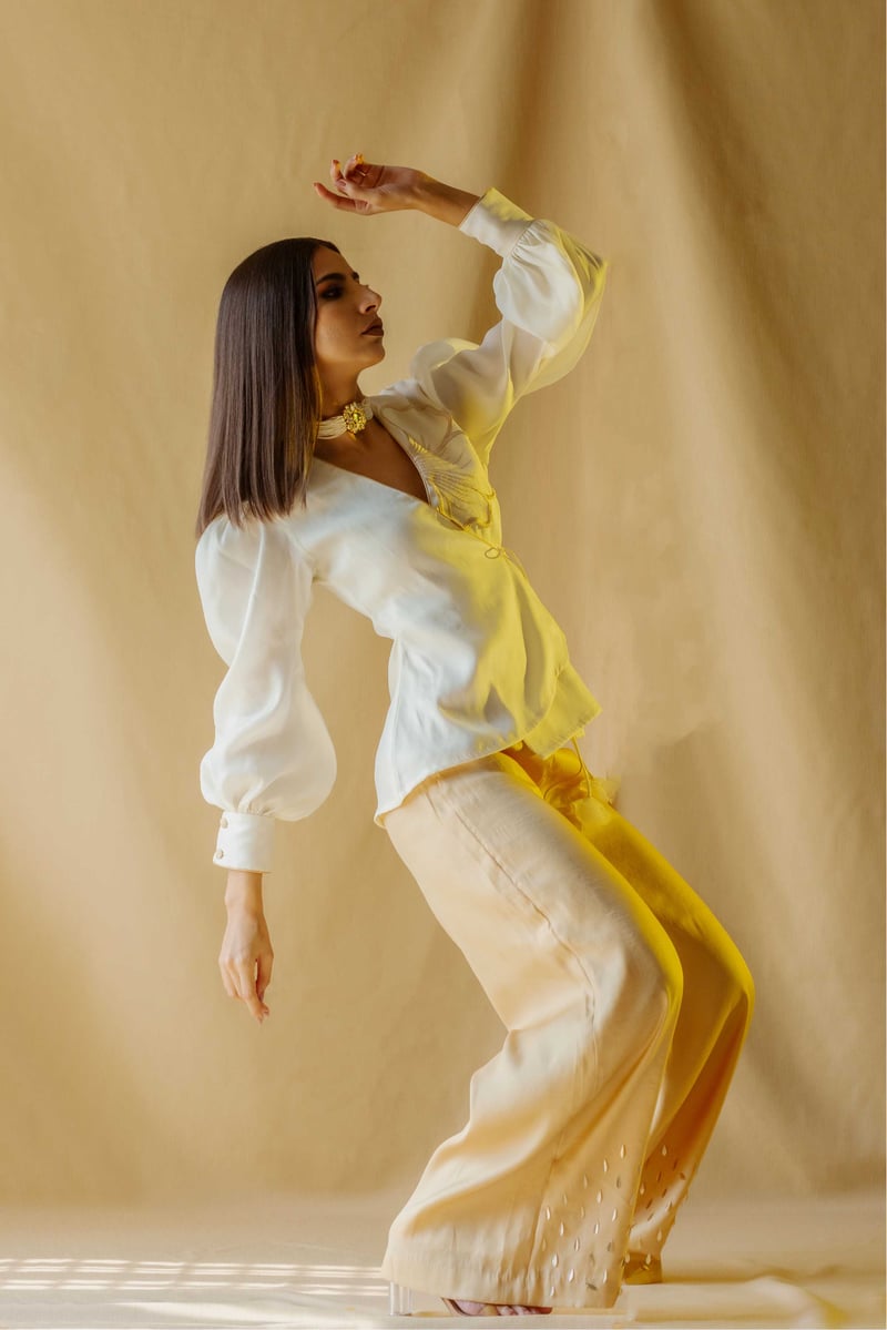 Cream Angrakha Wrap Top and Wide-Leg Pants Co-ord Set