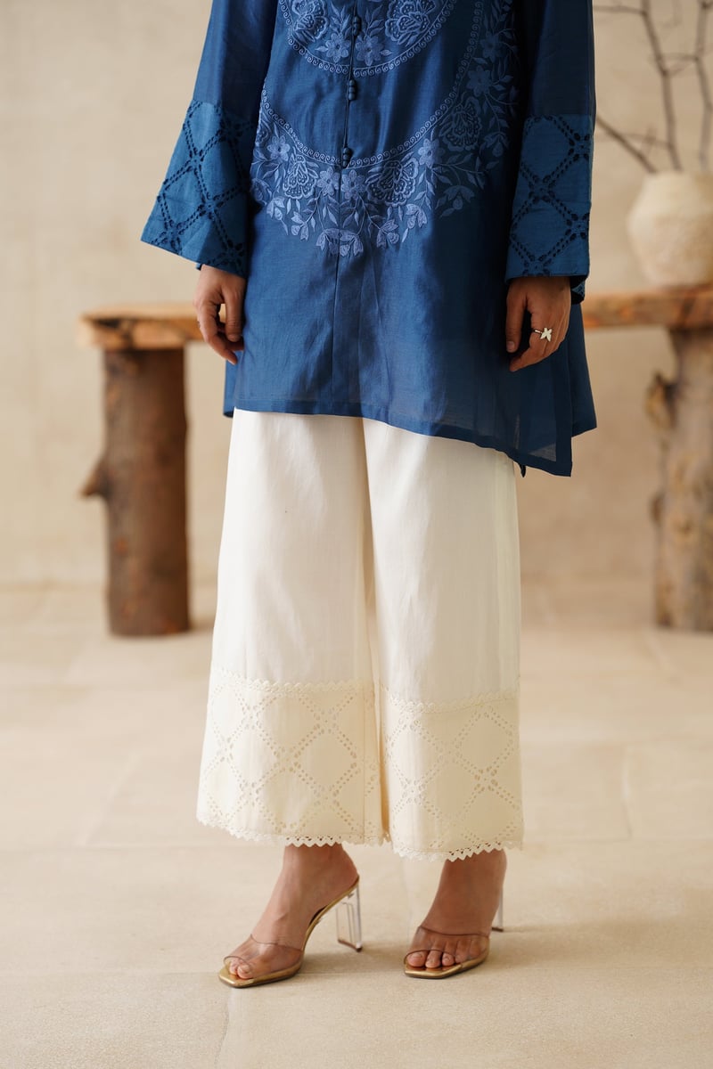 Blue Chanderi Embroidered Tunic and Cream Palazzo Co-ord Set