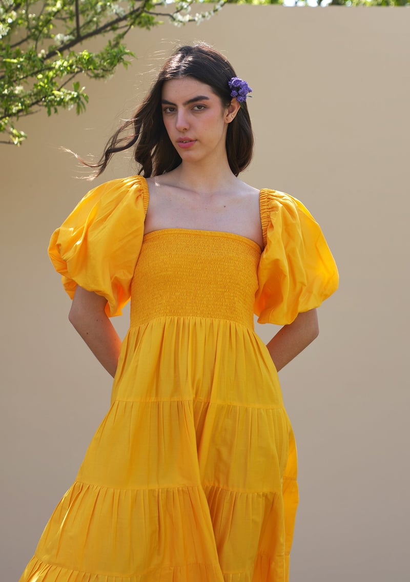 Mango Yellow Tiered Smocked Midi Dress with Detachable Sleeves