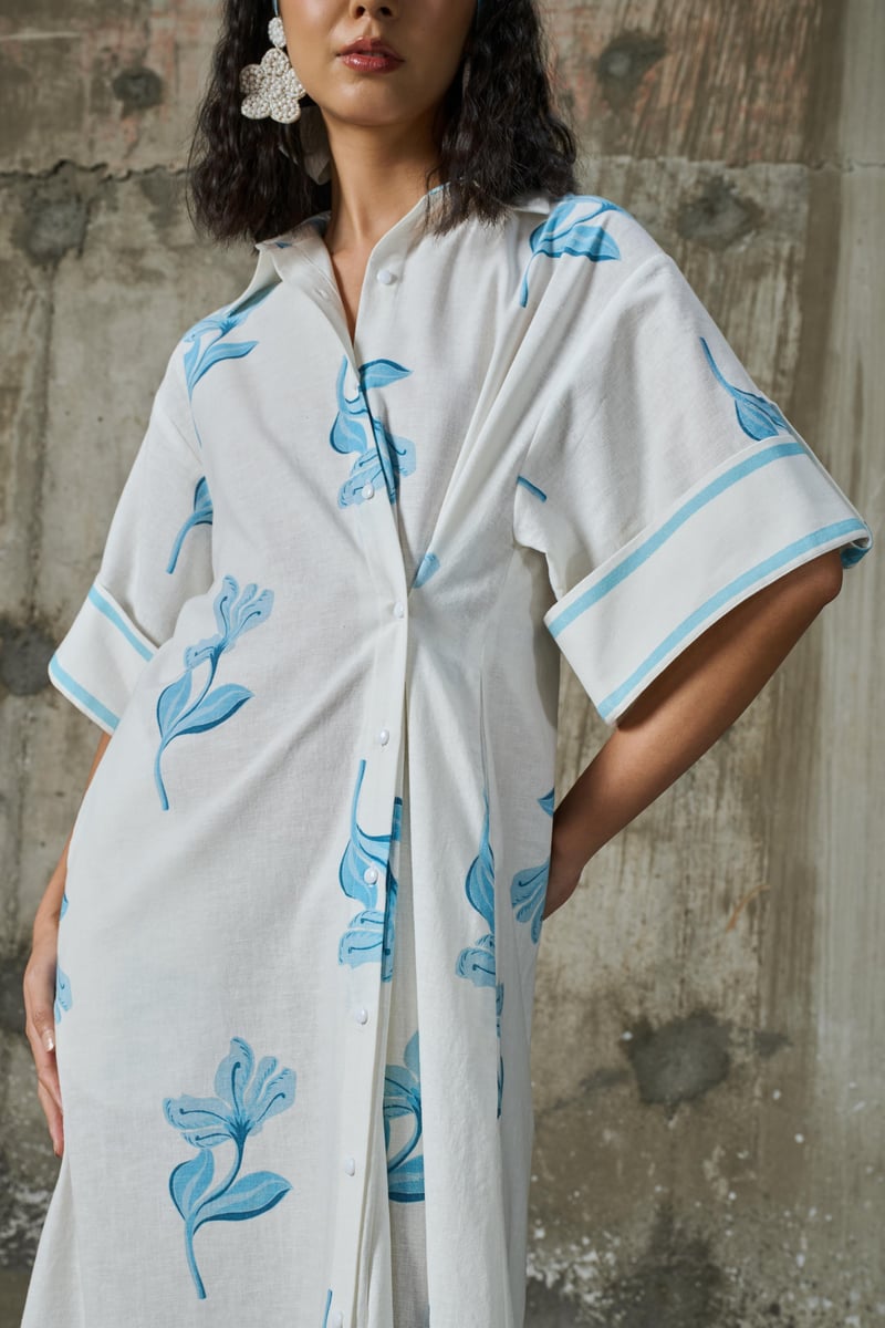 White Linen Maxi Shirt Dress with Blue Floral Print