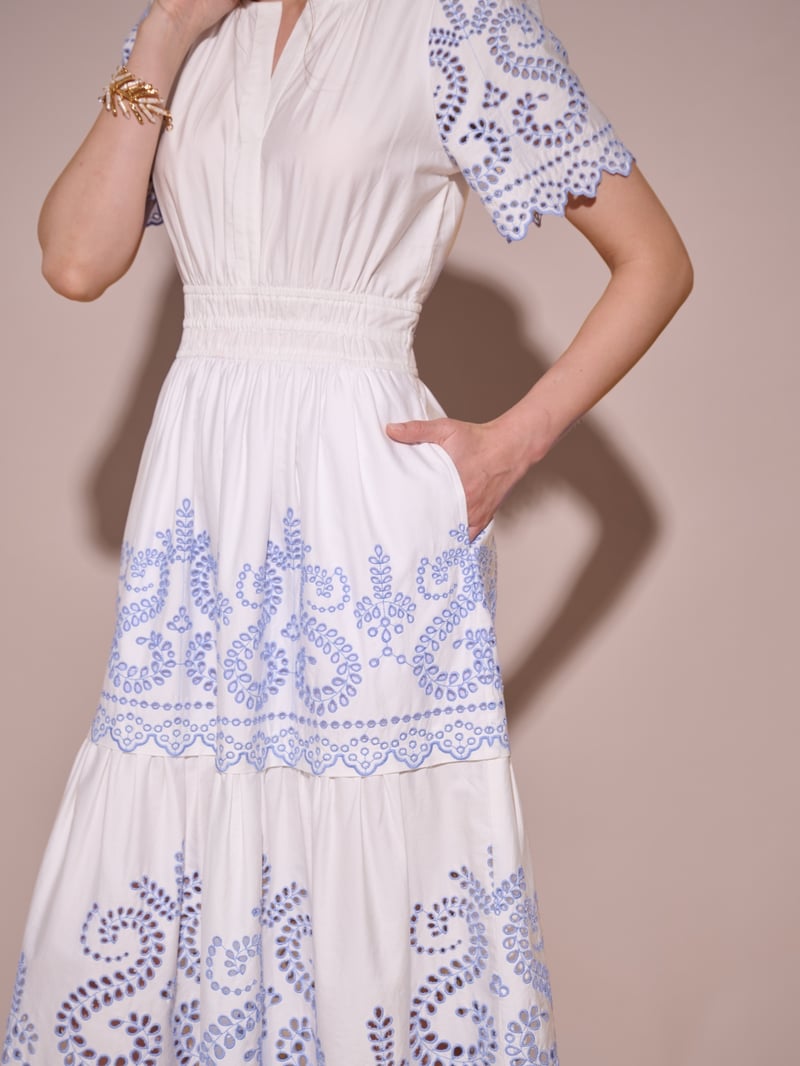 White and Blue Cutwork Tiered Cotton Midi Dress