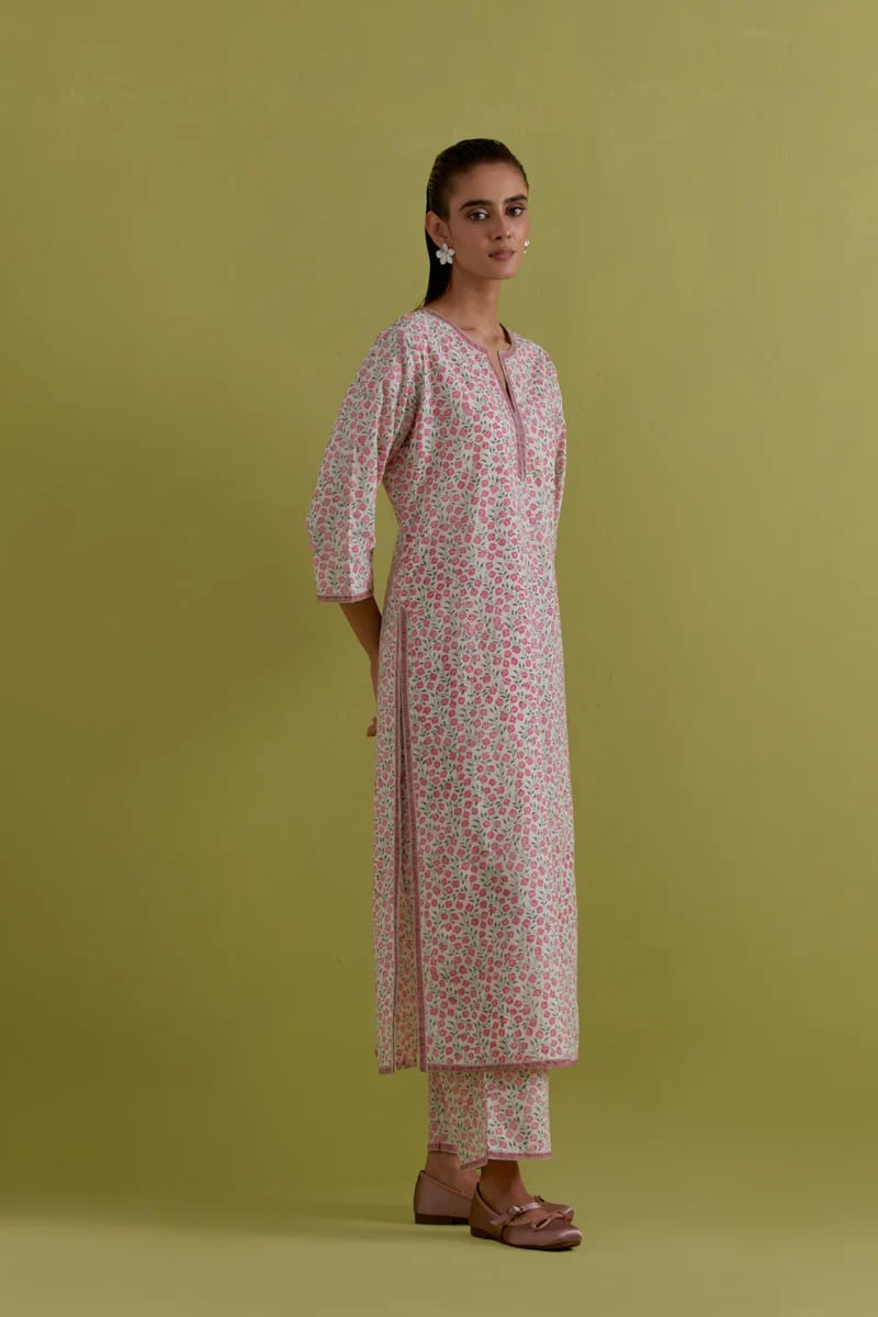 Off White Cotton Straight Long Kurta Set