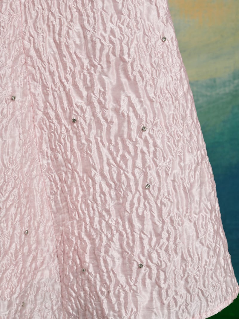 Pink Jacquard Embellished Fit and Flare Midi Dress