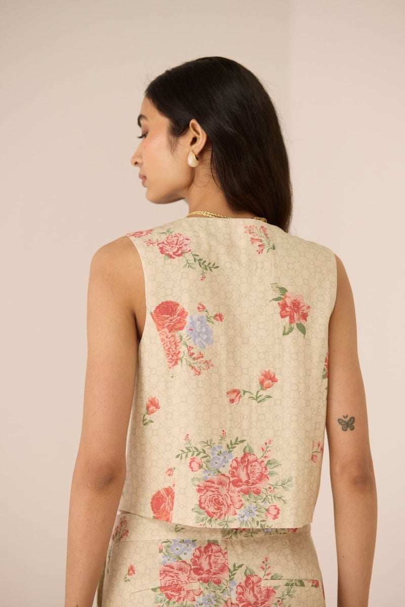 Garden Trellis Floral Cotton Linen Button-Front Vest