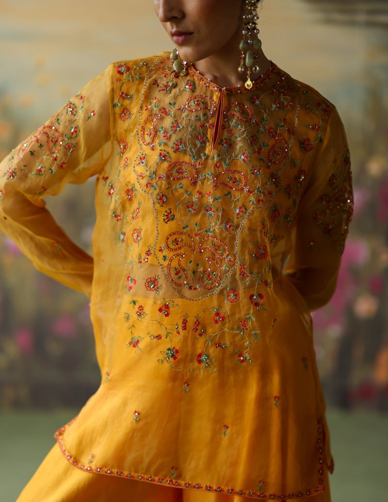 Turmeric Yellow Embroidered Organza Kurta Sharara Set
