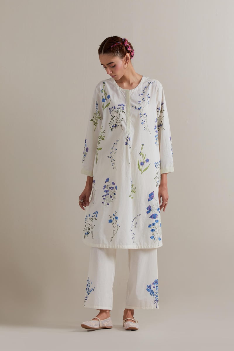 Off-White Floral Block Print Straight Kurta Set