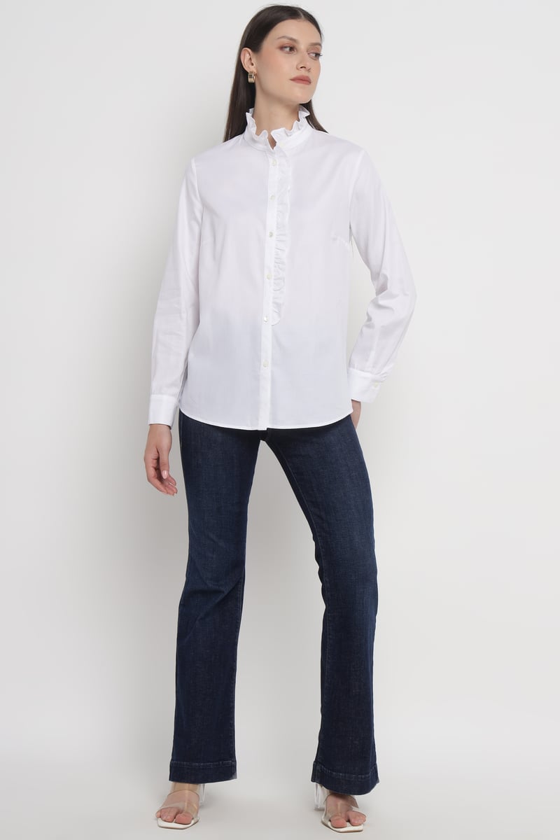 White Ruffle-Placket Cotton Shirt